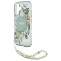 Guess IML Flowers With Pearl Strap MagSafe - Etui iPhone 16 Plus (zielony)