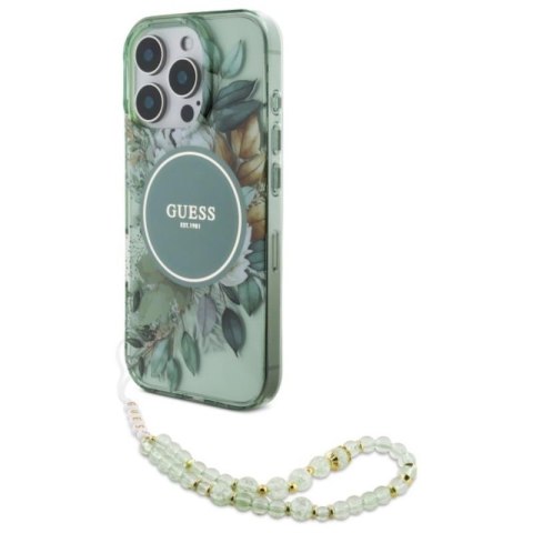 Guess IML Flowers With Pearl Strap MagSafe - Etui iPhone 16 Pro Max (zielony)