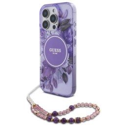 Guess IML Flowers With Pearl Strap MagSafe - Etui iPhone 16 Pro (fioletowy)