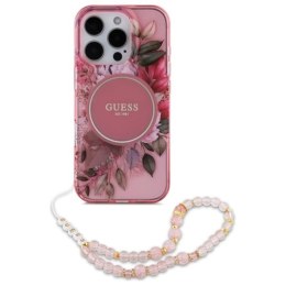 Guess IML Flowers With Pearl Strap MagSafe - Etui iPhone 16 Pro (różowy)