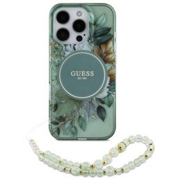 Guess IML Flowers With Pearl Strap MagSafe - Etui iPhone 16 Pro (zielony)