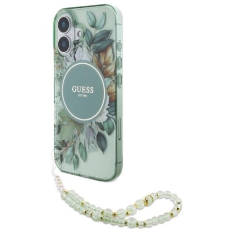 Guess IML Flowers With Pearl Strap MagSafe - Etui iPhone 16 (zielony)