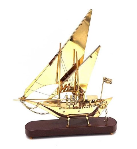 Okręt Mosiężny na Drewnianej Podstawie 43cm - Marynistyczna Dekoracja - N-4453