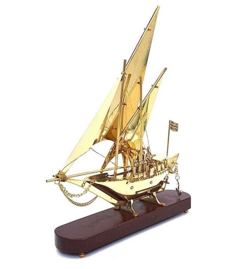 Okręt Mosiężny na Drewnianej Podstawie 43cm - Marynistyczna Dekoracja - N-4453