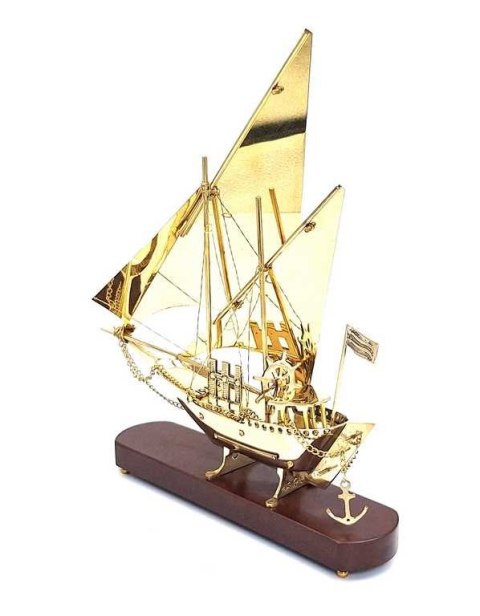 Okręt Mosiężny na Drewnianej Podstawie 43cm - Marynistyczna Dekoracja - N-4453