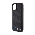 BMW Leather Carbon Blue Line - Etui iPhone 15 Plus (czarny)