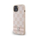 DKNY Leather Checkered Mono Pattern & Printed Stripes - Etui iPhone 15 Plus / 14 Plus (różowy)